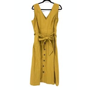 GAP Women's Size 18 Mustard A-Line Linen Dress Button Up V-Neck Tie Waist NEW